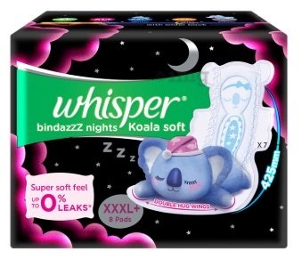 WHISPER BINDAZZZ NIGHTS KOALA SOFT PADS  XXXLPLUS 8 PCS